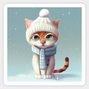 Cute Cat with a Scarf and Hat in Winter Scenery Sticker